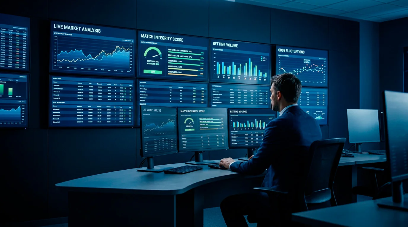 Security control room with multiple screens monitoring live UFC fight data and betting activity