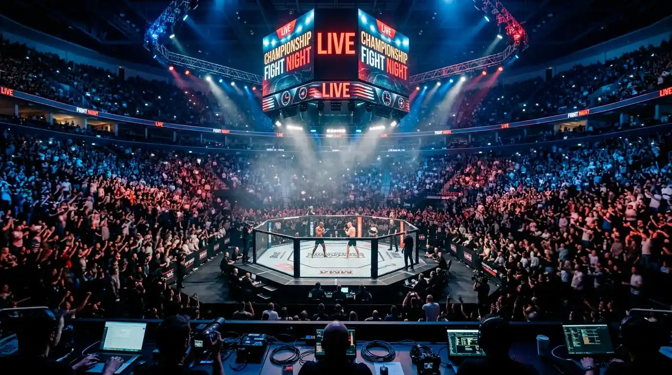 UFC arena packed with fans during a major fight night event showing the scale of modern MMA